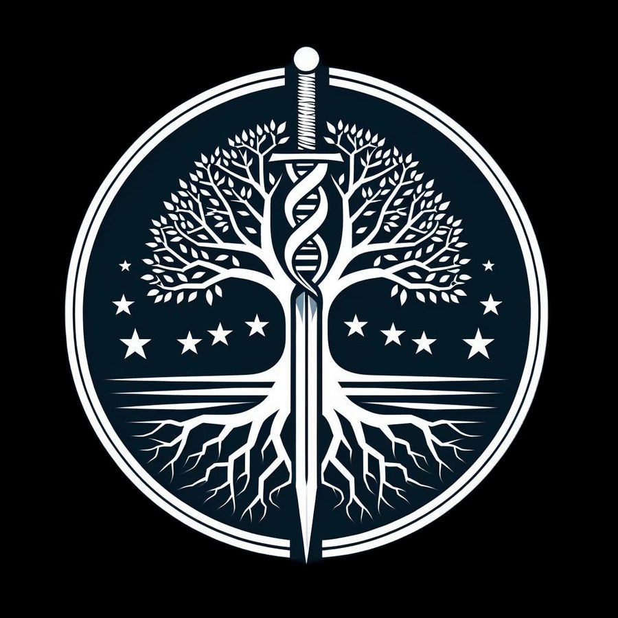 Colonial Publishing archival research emblem featuring a sword, DNA strand, tree, and roots